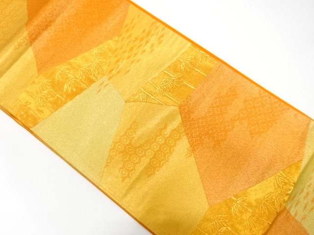 切りばめ風　竹笹に霞模様織り出し　袋帯